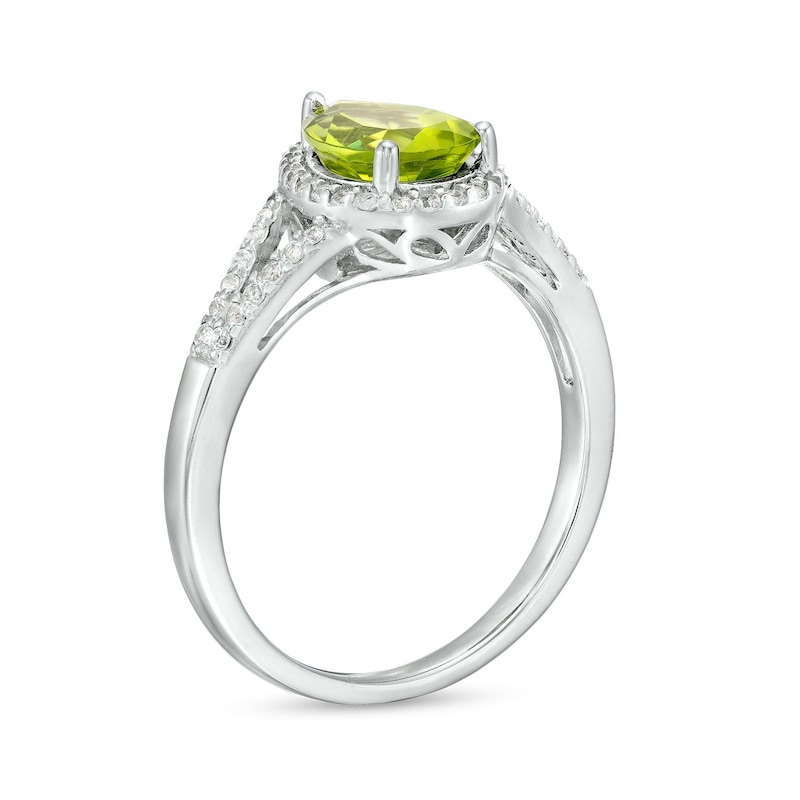 Main Image 3 of Pear-Shaped Peridot and White Lab-Created Sapphire Frame Split Shank Ring in Sterling Silver