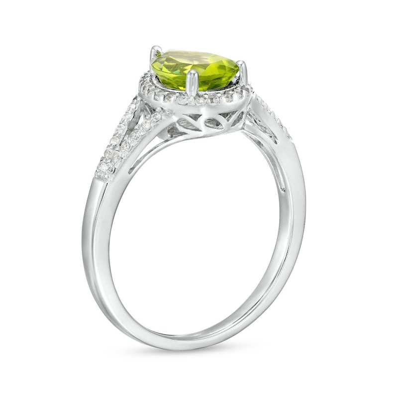 Pear-Shaped Peridot and White Lab-Created Sapphire Frame Split Shank Ring in Sterling Silver