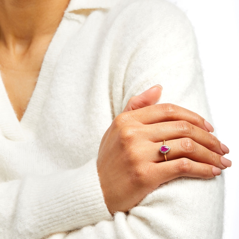 Main Image 2 of Pear-Shaped Ruby and 1/6 CT. T.W. Diamond Frame Ring in 10K Gold