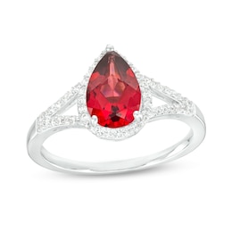 Pear-Shaped Garnet and White Lab-Created Sapphire Frame Split Shank Ring in Sterling Silver