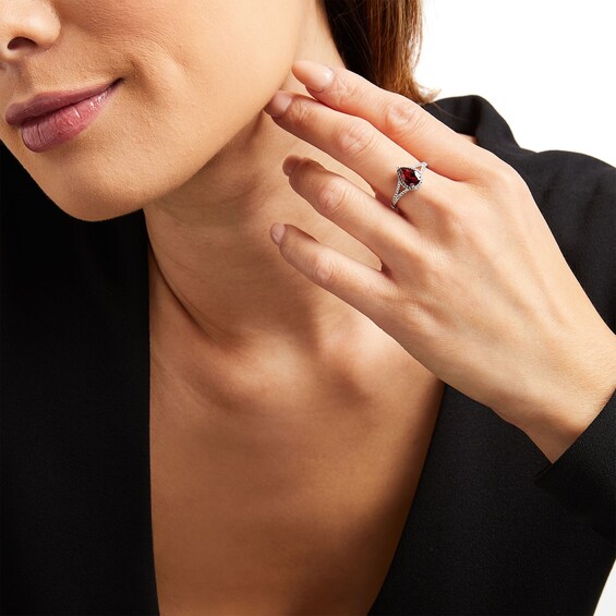 Pear-Shaped Garnet and White Lab-Created Sapphire Frame Split Shank Ring in Sterling Silver