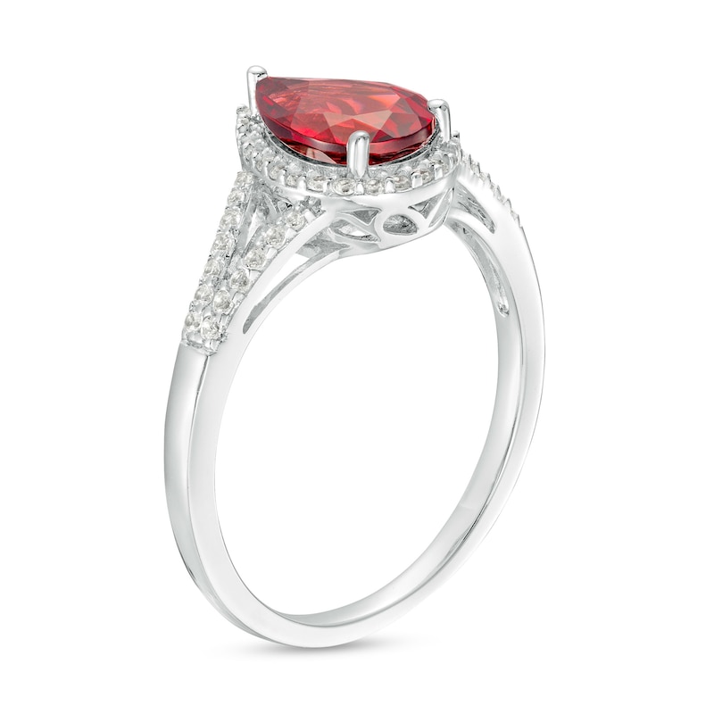 Main Image 3 of Pear-Shaped Garnet and White Lab-Created Sapphire Frame Split Shank Ring in Sterling Silver