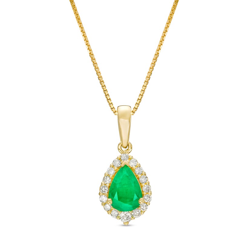 Main Image 1 of Pear-Shaped Emerald and 1/6 CT. T.W. Diamond Frame Pendant in 10K Gold