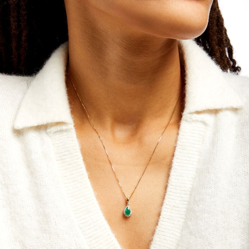 Main Image 2 of Pear-Shaped Emerald and 1/6 CT. T.W. Diamond Frame Pendant in 10K Gold
