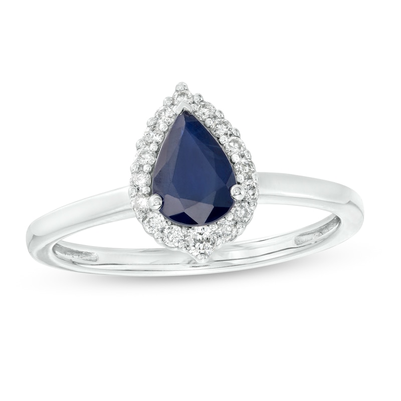 Main Image 1 of Pear-Shaped Blue Sapphire and 1/6 CT. T.W. Diamond Frame Ring in 10K White Gold