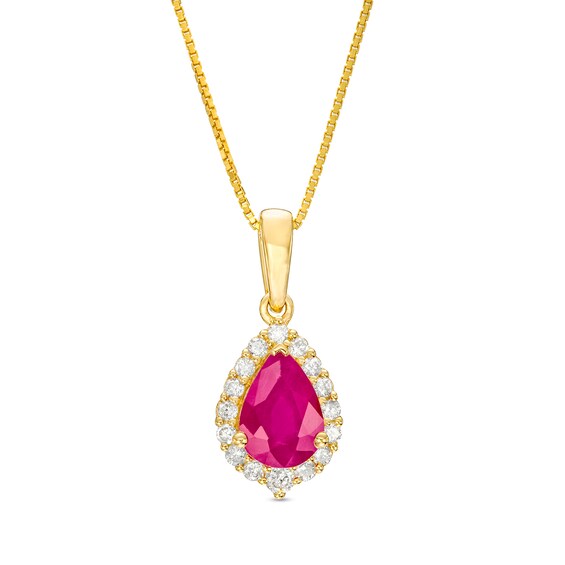 Pear-Shaped Ruby and 1/6 CT. T.w. Diamond Frame Pendant in 10K Gold