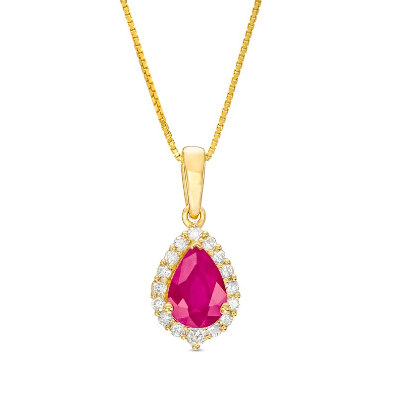 Main Image 1 of Pear-Shaped Ruby and 1/6 CT. T.W. Diamond Frame Pendant in 10K Gold