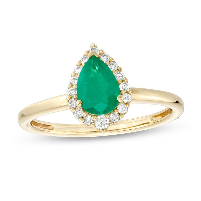 Main Image 1 of Pear-Shaped Emerald and 1/6 CT. T.W. Diamond Frame Ring in 10K Gold