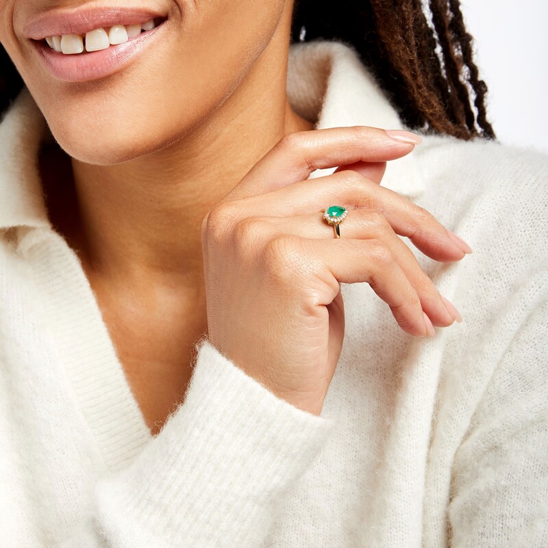 Pear-Shaped Emerald and 1/6 CT. T.W. Diamond Frame Ring in 10K Gold