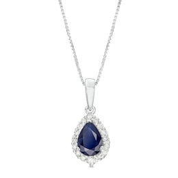 Pear-Shaped Blue Sapphire and 1/6 CT. T.W. Diamond Frame Pendant in 10K White Gold