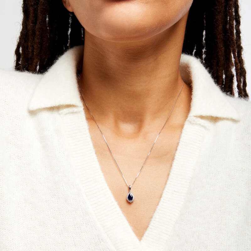 Main Image 2 of Pear-Shaped Blue Sapphire and 1/6 CT. T.W. Diamond Frame Pendant in 10K White Gold