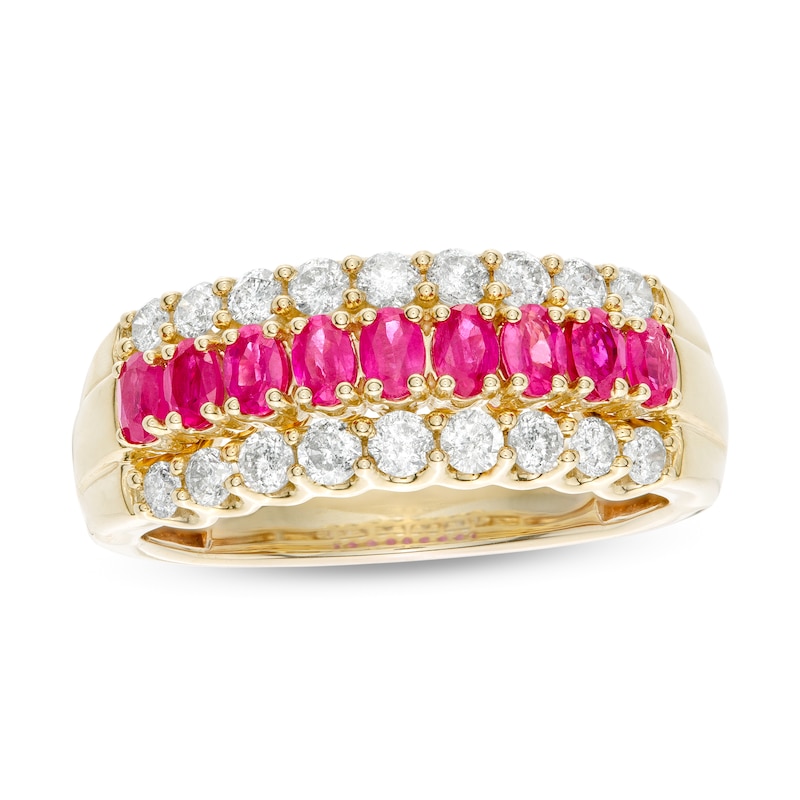 Main Image 1 of Oval Ruby and 5/8 CT. T.W. Diamond Triple Row Band in 10K Gold