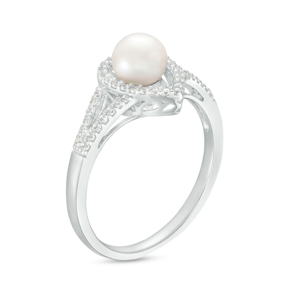 6.0mm Freshwater Cultured Pearl and White Lab-Created Sapphire Pear-Shaped Frame Split Shank Ring in Sterling Silver