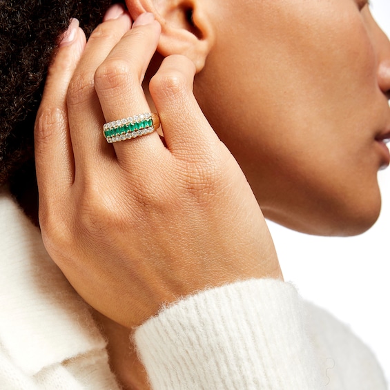 Oval Emerald and 5/8 CT. T.w. Diamond Triple Row Band in 10K Gold