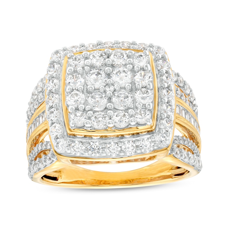 Main Image 1 of 2 CT. T.W. Baguette and Round Cushion-Shaped Multi-Diamond Frame Multi-Row Shank Ring in 10K Gold