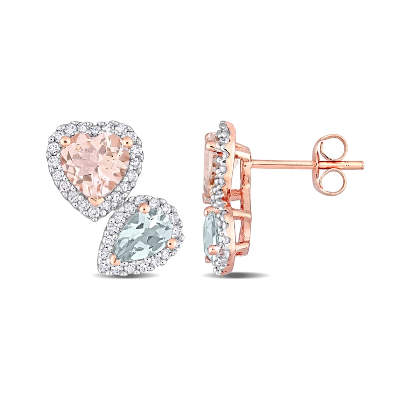Main Image 1 of Heart-Shaped Morganite, Pear-Shaped Aquamarine, and 3/8 CT. T.W. Diamond Frame Stud Earrings in 10K Rose Gold