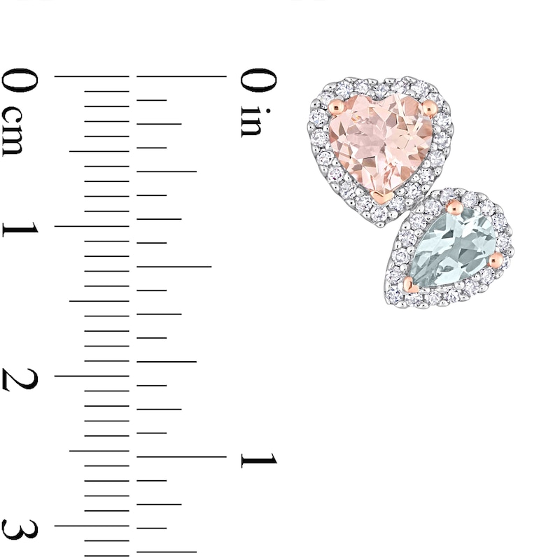 Main Image 3 of Heart-Shaped Morganite, Pear-Shaped Aquamarine, and 3/8 CT. T.W. Diamond Frame Stud Earrings in 10K Rose Gold