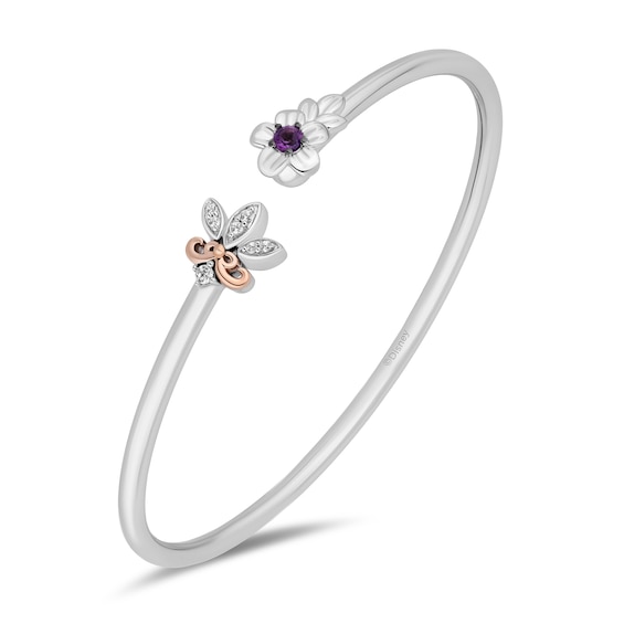 Enchanted Disney Rapunzel Amethyst and 1/10 CT. T.w. Diamond Flower Open Bangle in Sterling Silver and 10K Rose Gold