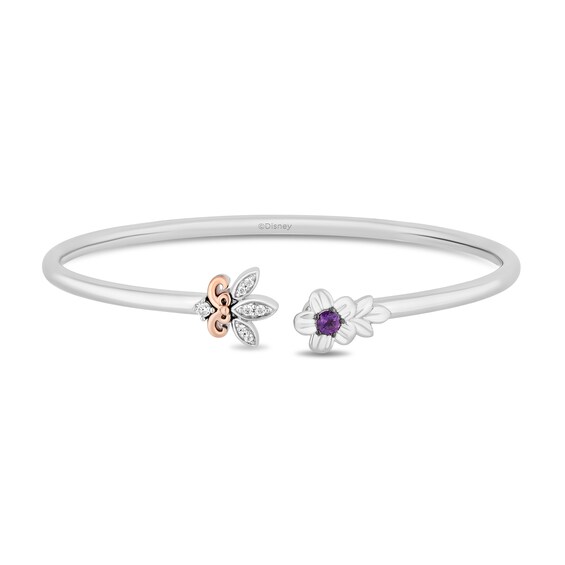 Enchanted Disney Rapunzel Amethyst and 1/10 CT. T.w. Diamond Flower Open Bangle in Sterling Silver and 10K Rose Gold