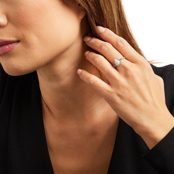 Pear-Shaped Lab-Created Opal and White Lab-Created Sapphire Frame Split Shank Ring in Sterling Silver