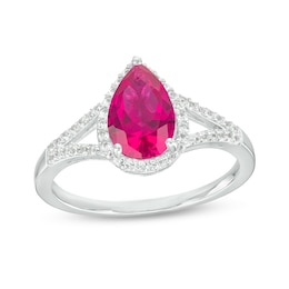 Pear-Shaped Lab-Created Ruby and White Lab-Created Sapphire Frame Split Shank Ring in Sterling Silver