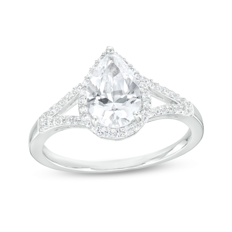 Main Image 1 of Pear-Shaped White Lab-Created Sapphire Frame Split Shank Ring in Sterling Silver