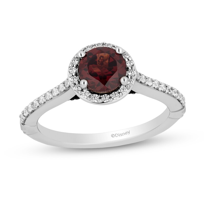Main Image 1 of Enchanted Disney Villains Evil Queen 6.0mm Garnet and 3/8 CT. T.W. Diamond Frame Engagement Ring in 14K White Gold