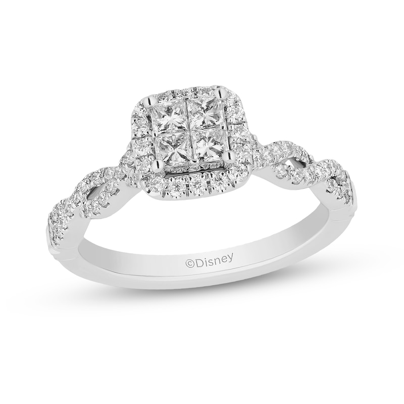 Main Image 1 of Enchanted Disney Cinderella 3/4 CT. T.W. Quad Princess-Cut Diamond Frame Twist Shank Engagement Ring in 14K White Gold