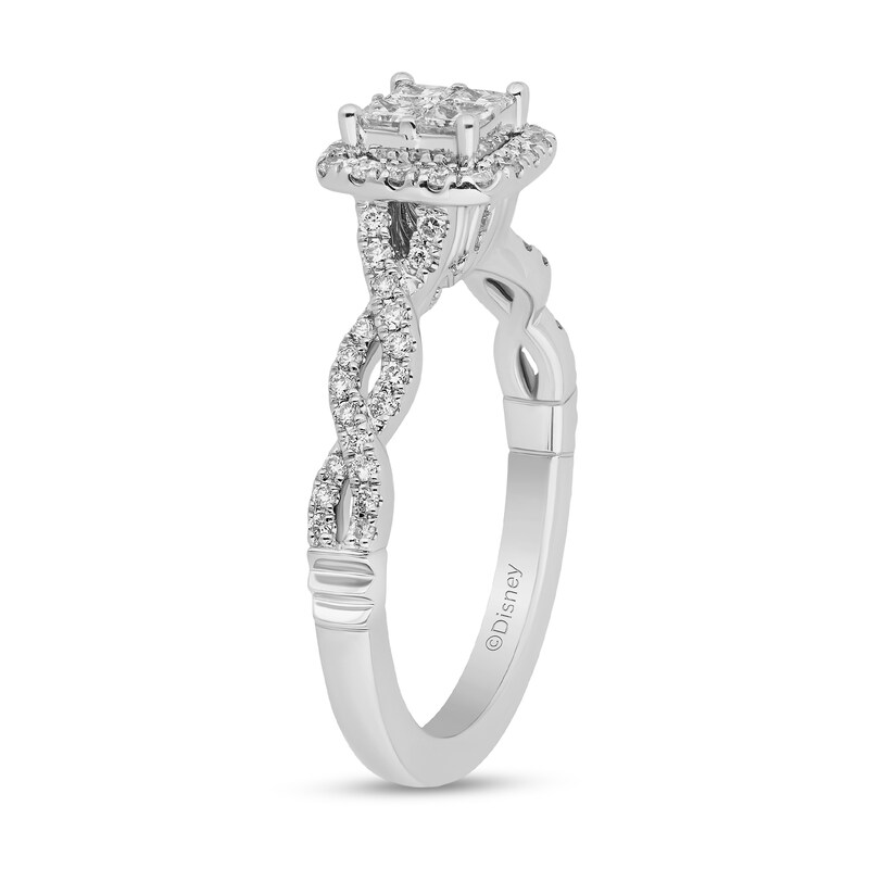 Main Image 2 of Enchanted Disney Cinderella 3/4 CT. T.W. Quad Princess-Cut Diamond Frame Twist Shank Engagement Ring in 14K White Gold