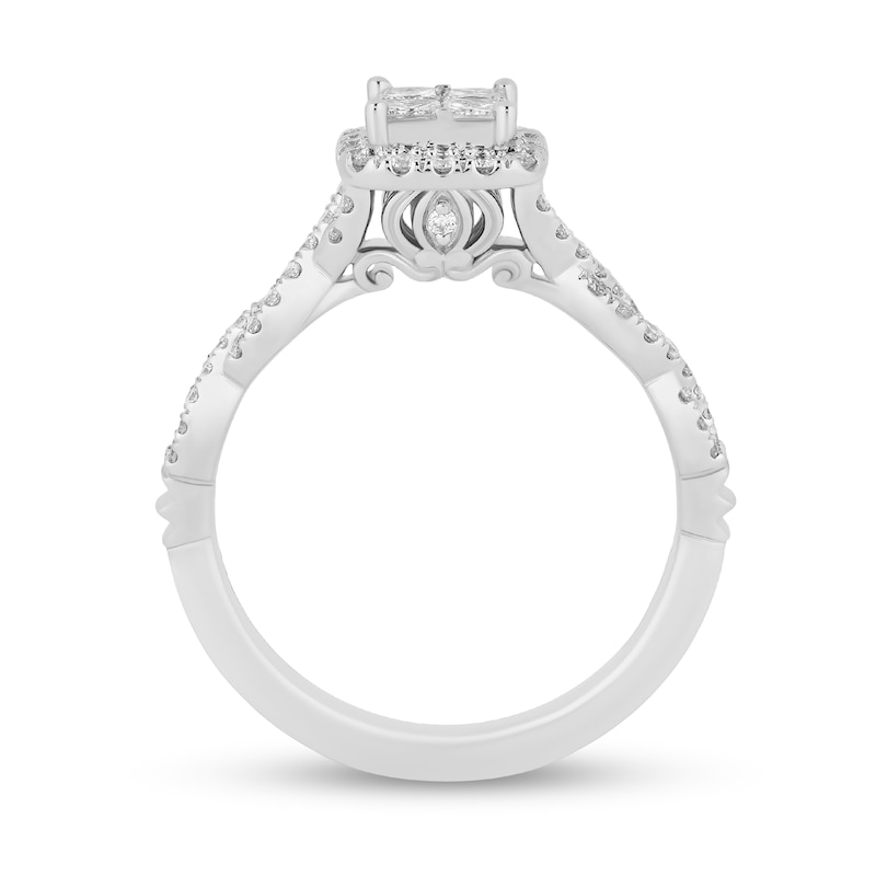 Enchanted Disney Cinderella 3/4 CT. T.W. Quad Princess-Cut Diamond Frame Twist Shank Engagement Ring in 14K White Gold