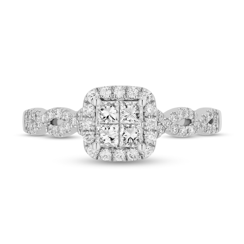 Enchanted Disney Cinderella 3/4 CT. T.W. Quad Princess-Cut Diamond Frame Twist Shank Engagement Ring in 14K White Gold