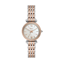 Ladies' Fossil Carlie Mini Crystal Accent Two-Tone Watch with Mother-of-Pearl Dial (Model: ES4649)