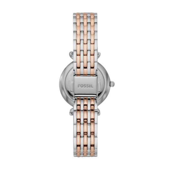 Ladies' Fossil Carlie Mini Crystal Accent Two-Tone Watch with Mother-of-Pearl Dial (Model: Es4649)