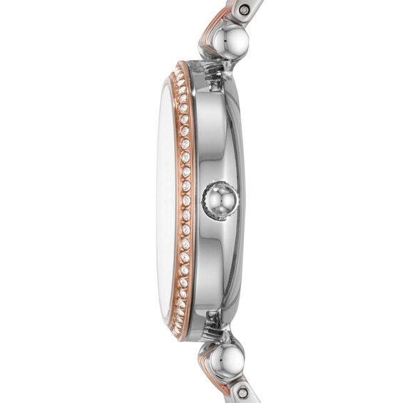 Ladies' Fossil Carlie Mini Crystal Accent Two-Tone Watch with Mother-of-Pearl Dial (Model: Es4649)