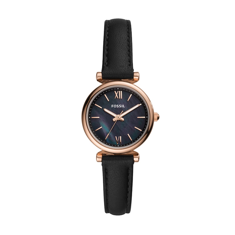 Main Image 1 of Ladies' Fossil Carlie Mini Rose-Tone Black Leather Strap Watch with Black Mother-of-Pearl Dial (Model: ES4700)