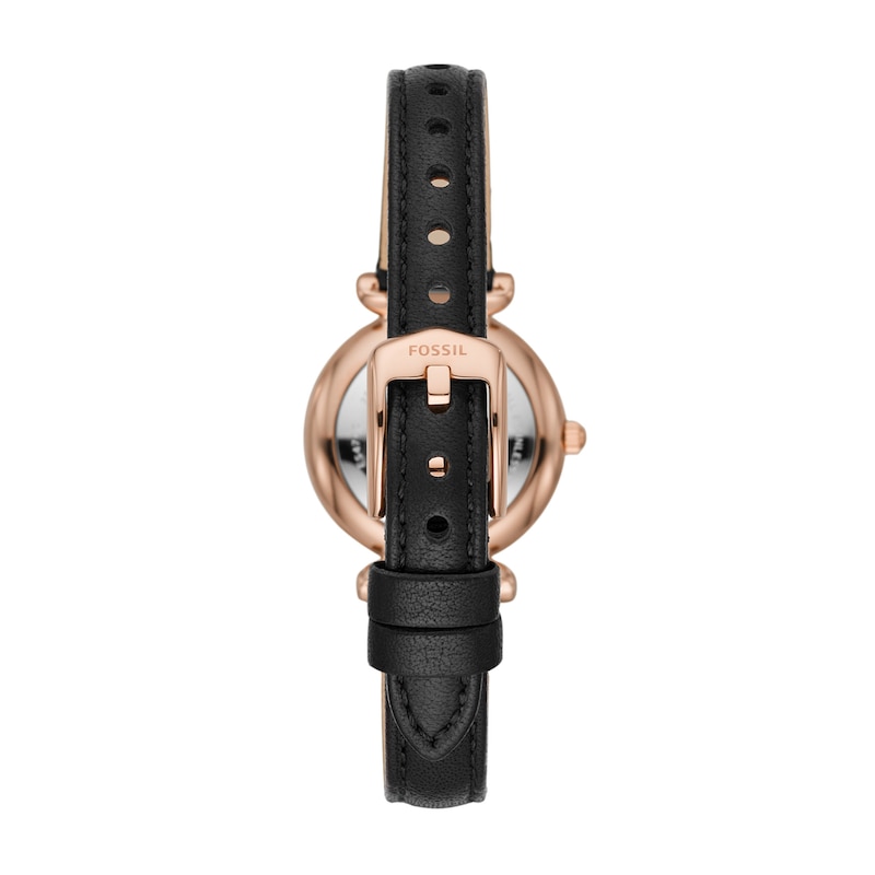 Main Image 2 of Ladies' Fossil Carlie Mini Rose-Tone Black Leather Strap Watch with Black Mother-of-Pearl Dial (Model: ES4700)