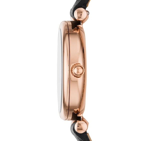 Ladies' Fossil Carlie Mini Rose-Tone Black Leather Strap Watch with Black Mother-of-Pearl Dial (Model: Es4700)
