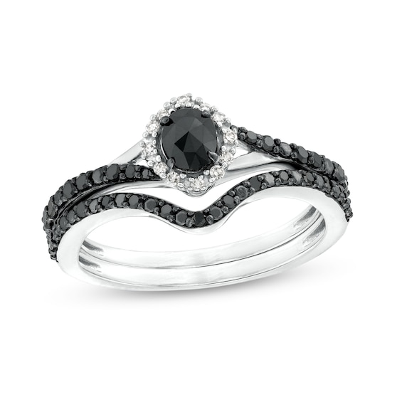 1/2 CT. T.w. Oval Black and White Diamond Frame Split Shank Bridal Set in 10K White Gold