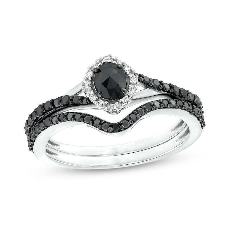 Main Image 1 of 1/2 CT. T.W. Oval Black and White Diamond Frame Split Shank Bridal Set in 10K White Gold