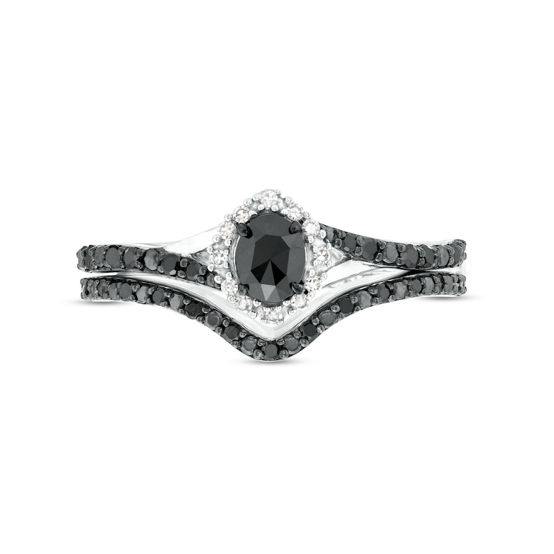 Main Image 3 of 1/2 CT. T.W. Oval Black and White Diamond Frame Split Shank Bridal Set in 10K White Gold