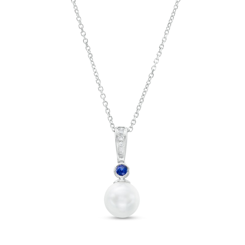 Main Image 1 of Vera Wang Love Collection 8.0mm Freshwater Cultured Pearl, Blue Sapphire and Diamond Accent Pendant in 10K White Gold