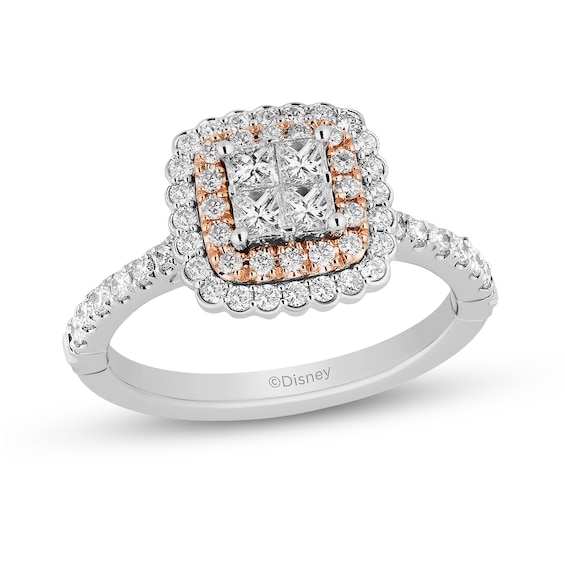 Enchanted Disney Belle 1 CT. T.w. Quad Princess-Cut Diamond Scallop Frame Engagement Ring in 14K Two-Tone Gold