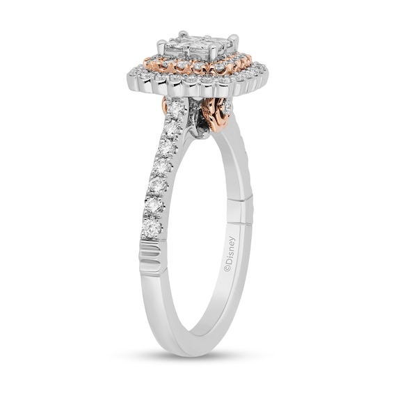Enchanted Disney Belle 1 CT. T.w. Quad Princess-Cut Diamond Scallop Frame Engagement Ring in 14K Two-Tone Gold