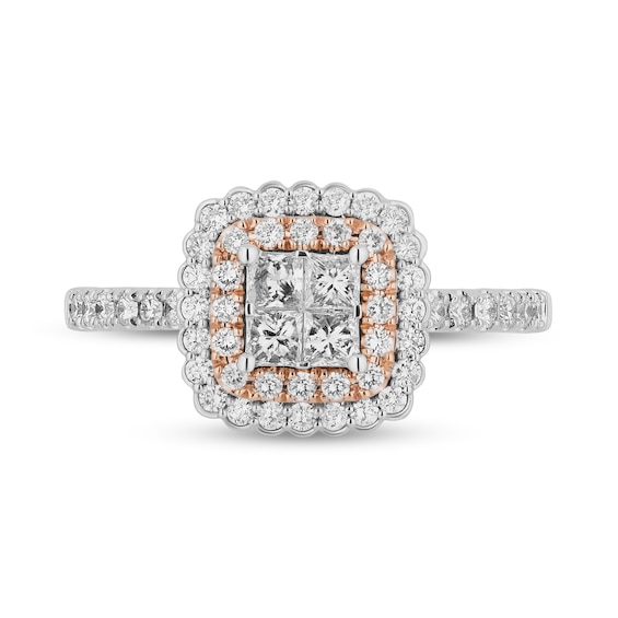 Enchanted Disney Belle 1 CT. T.w. Quad Princess-Cut Diamond Scallop Frame Engagement Ring in 14K Two-Tone Gold