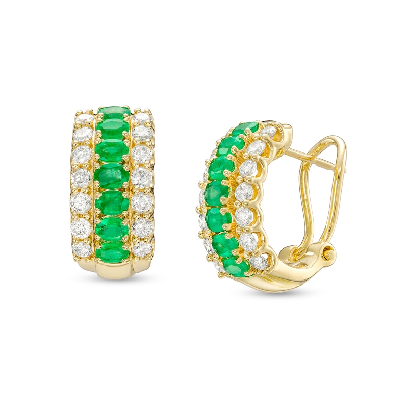 Main Image 1 of Oval Emerald and 3/4 CT. T.W. Diamond Triple Row Hoop Earrings in 10K Gold