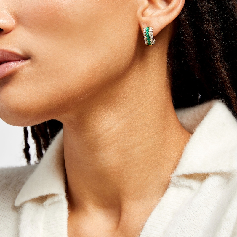 Main Image 2 of Oval Emerald and 3/4 CT. T.W. Diamond Triple Row Hoop Earrings in 10K Gold