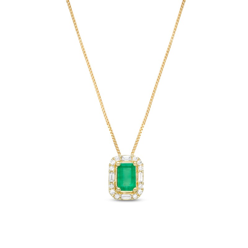 Main Image 1 of Emerald-Cut Emerald and 1/8 CT. T.W. Baguette and Round Diamond Frame Pendant in 10K Gold