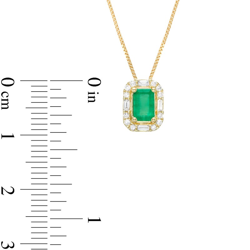 Main Image 3 of Emerald-Cut Emerald and 1/8 CT. T.W. Baguette and Round Diamond Frame Pendant in 10K Gold