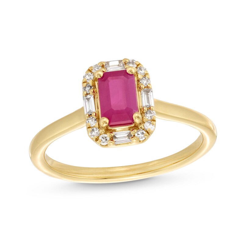 Main Image 1 of Emerald-Cut Ruby and 1/8 CT. T.W. Diamond Frame Ring in 10K Gold