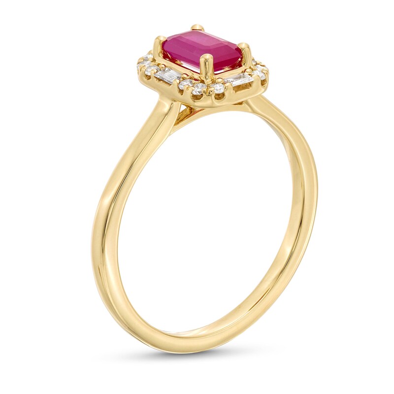 Main Image 3 of Emerald-Cut Ruby and 1/8 CT. T.W. Diamond Frame Ring in 10K Gold